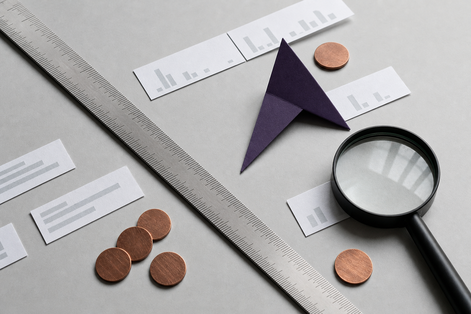 Metalen meetlat, vergrootglas, blanco datastroken en koperen schijven op een lichtgrijze tafel