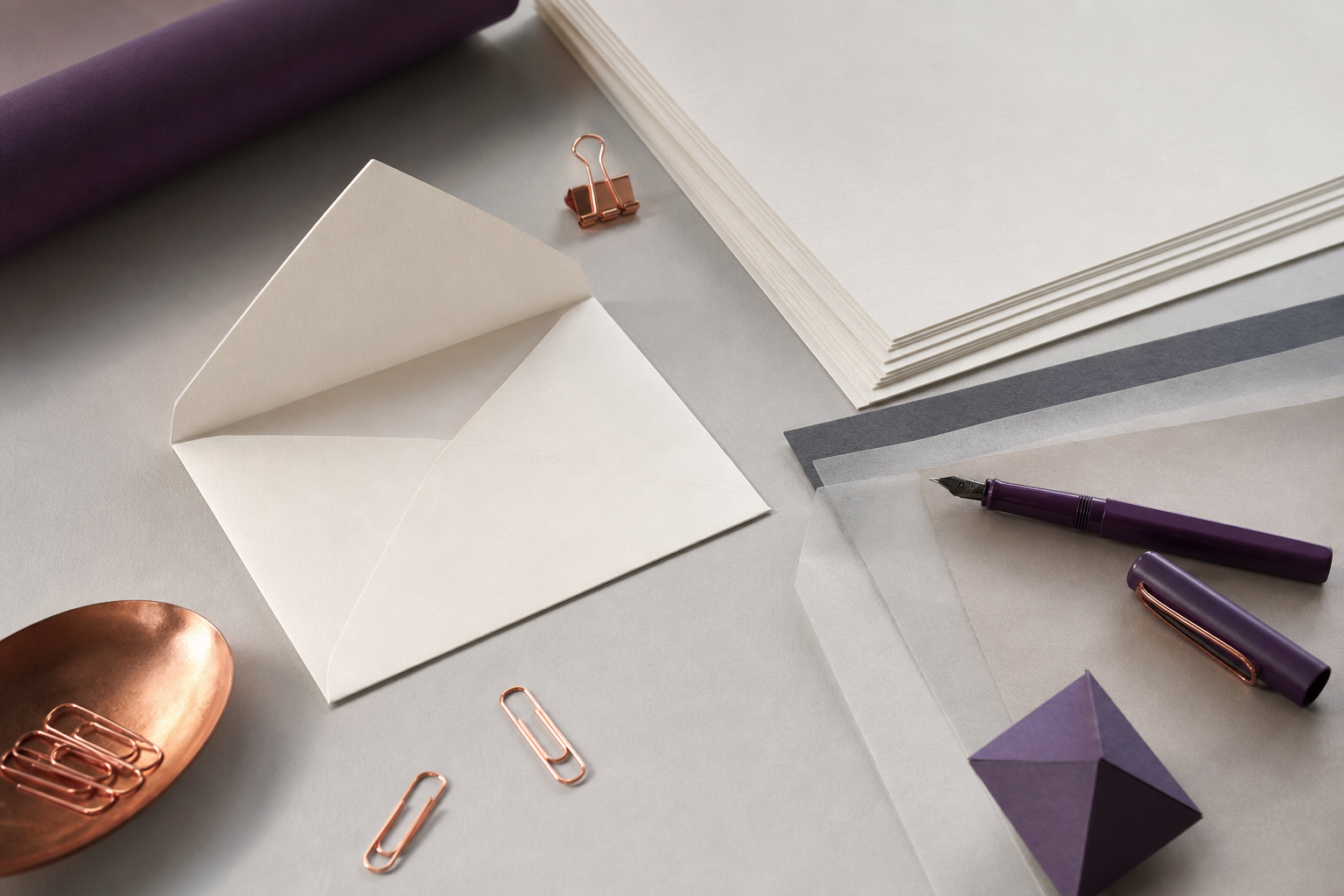Twee heldere naamkaartjes naast een open merknotitieboek en kleurstalen op een bureau